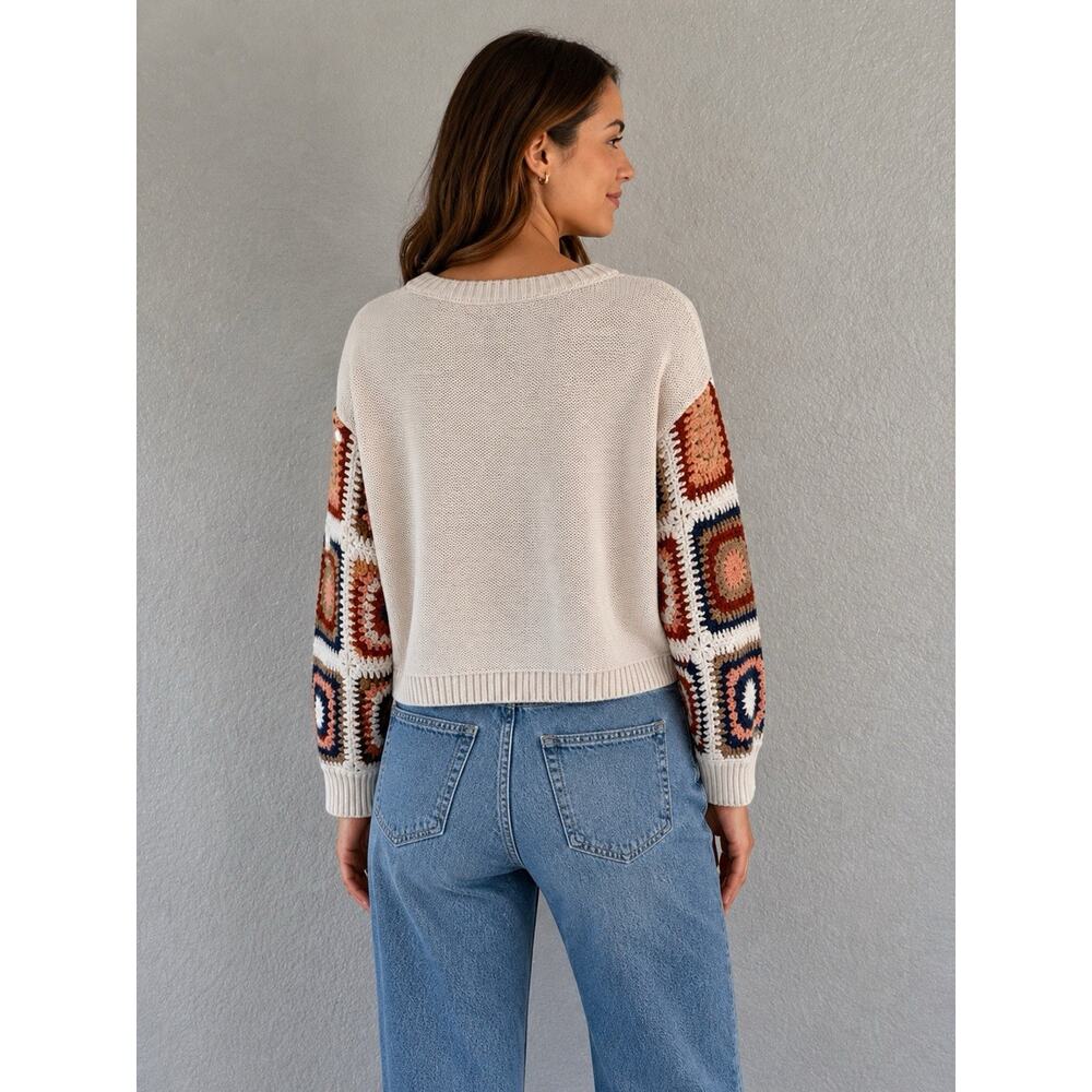 American Eagle Crochet Sweater XS GUC Cream Granny Square Boho Crop Knit - Picture 2 of 8